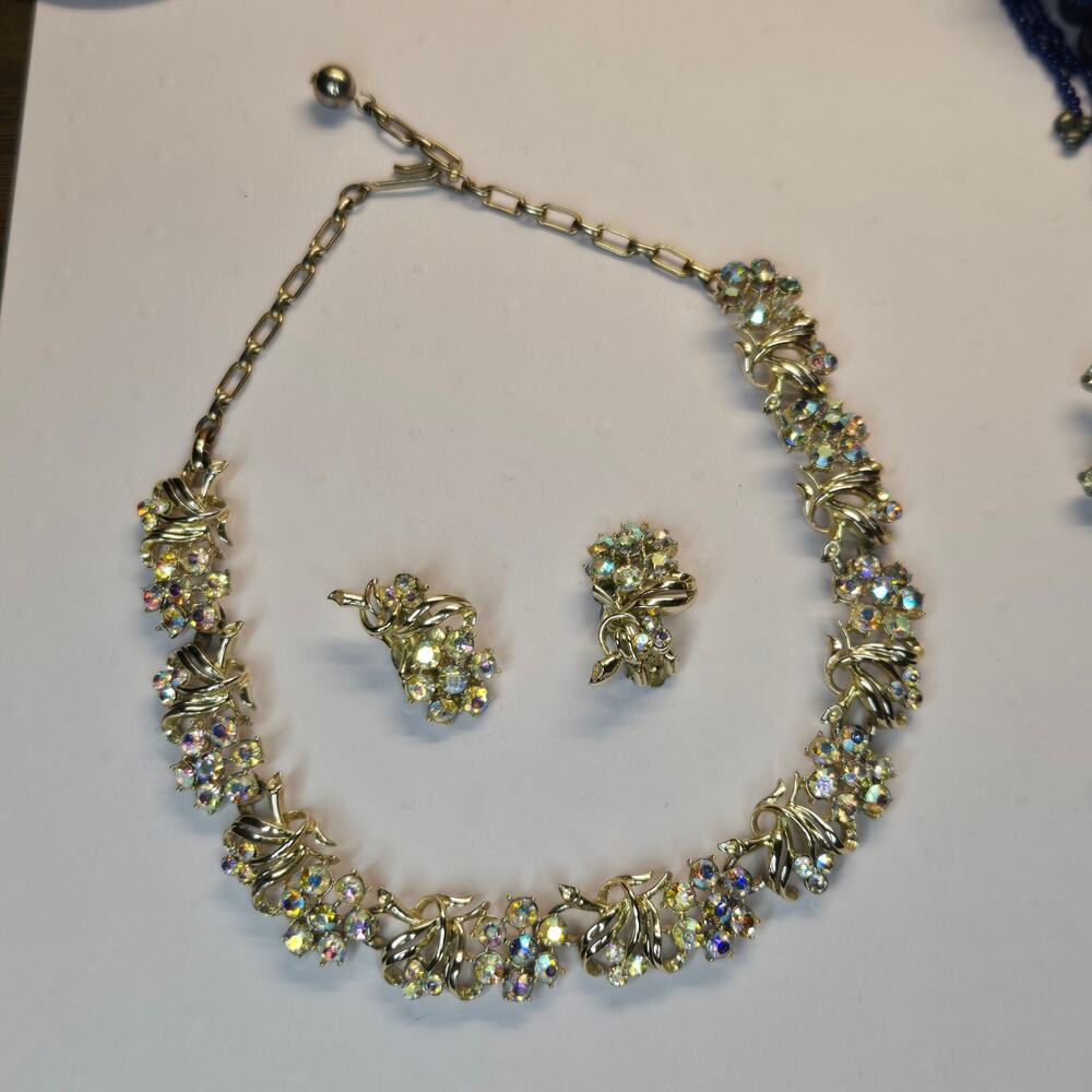 Vintage 1950s Aurora Borealis Rhinestone Choker Necklace Earrings Jewelry Set